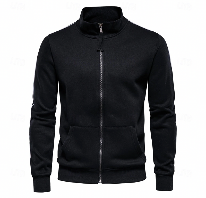 Giacca uomo leggera nera con cerniera e collo alto, ideale per moda uomo e comfort invernale.