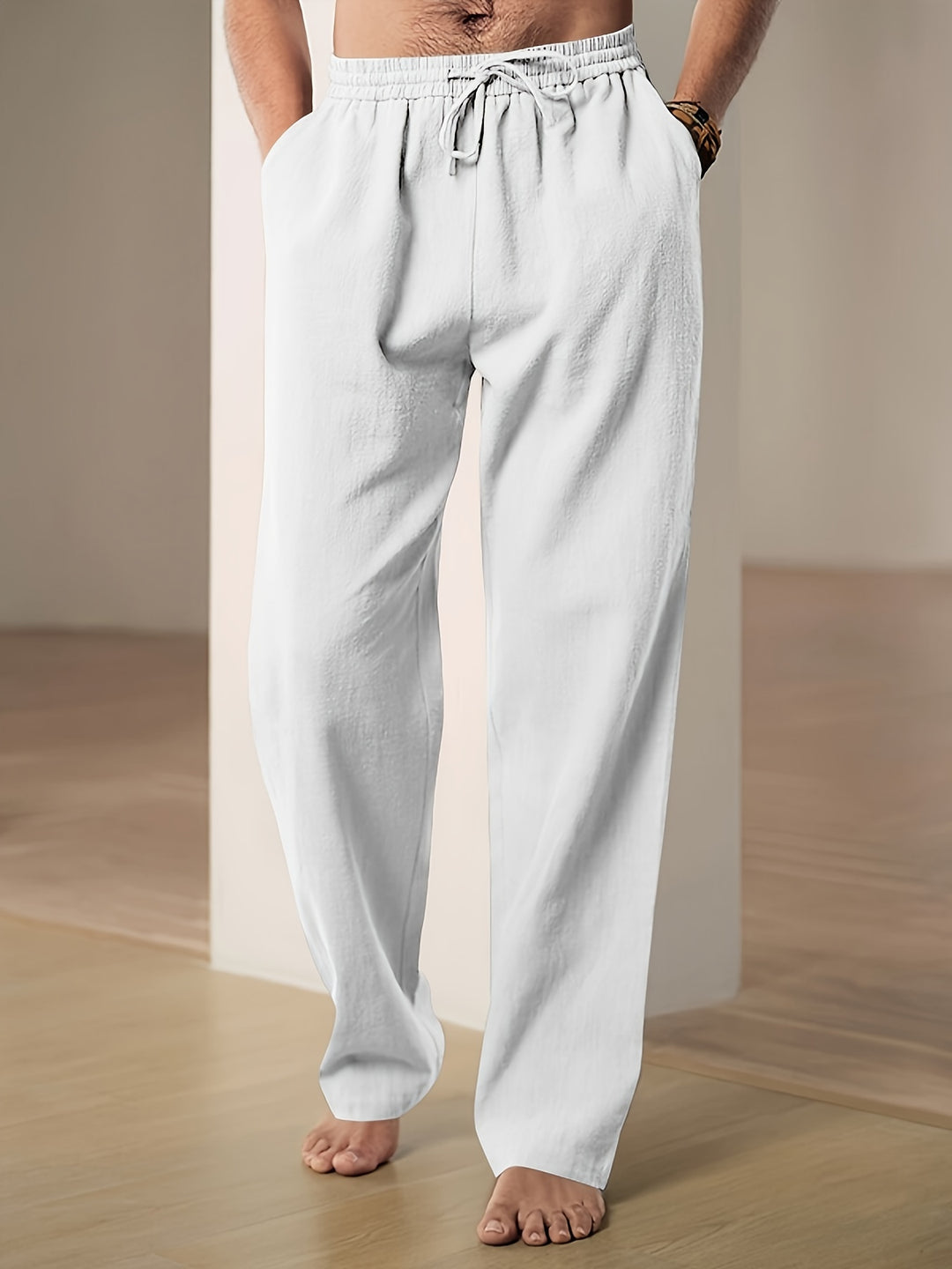 Pantaloni lino uomo estivi, vestibilità rilassata, ideali per comfort casual e moda estiva.