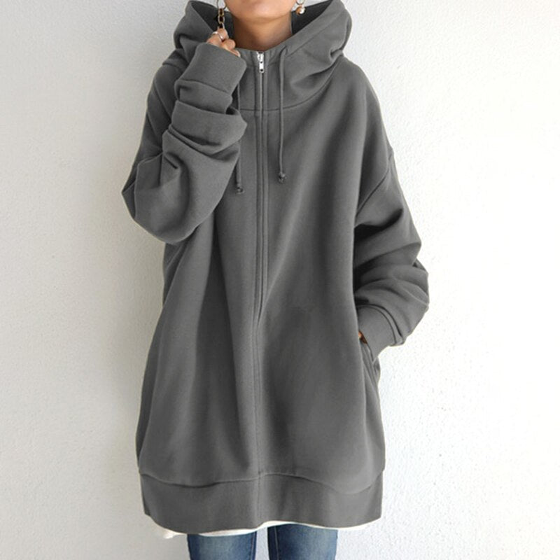 Felpa donna oversize con cappuccio, calda e confortevole. Perfetta per abbigliamento invernale casual e alla moda.