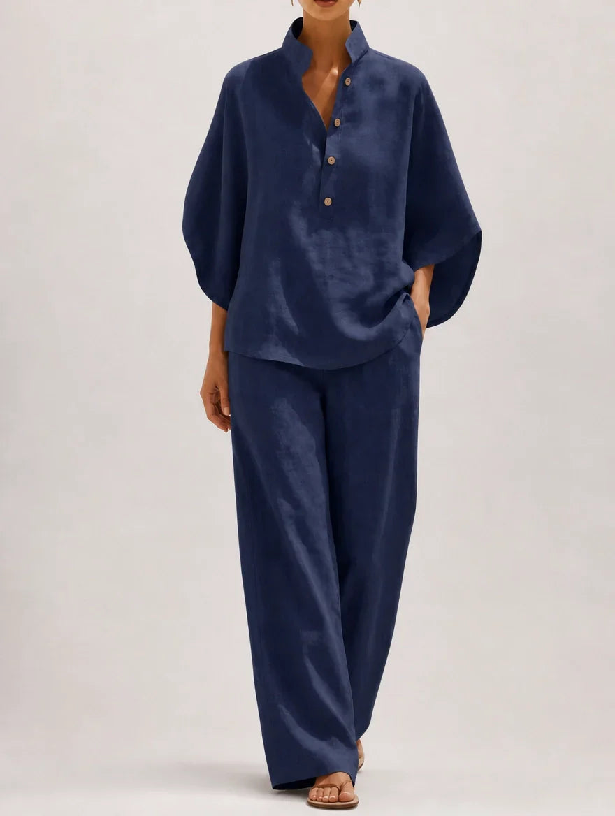 Completo coordinato donna elegante: camicia e pantaloni palazzo. Ideale per moda estiva e ufficio.