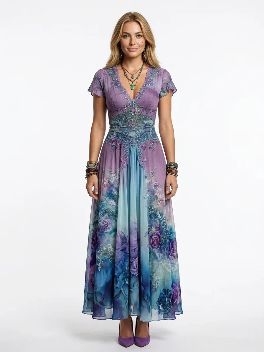 Vestito maxi floreale da donna elegante con scollo a V ricamato, perfetto per cerimonie estive e invitate matrimonio.