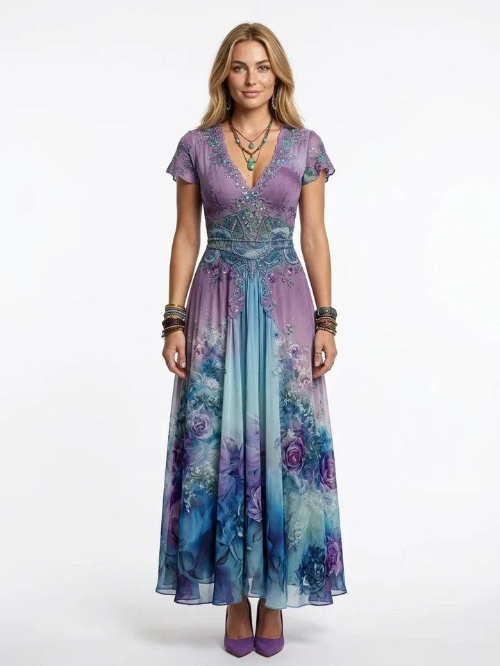 Vestito maxi floreale da donna elegante con scollo a V ricamato, perfetto per cerimonie estive e invitate matrimonio.