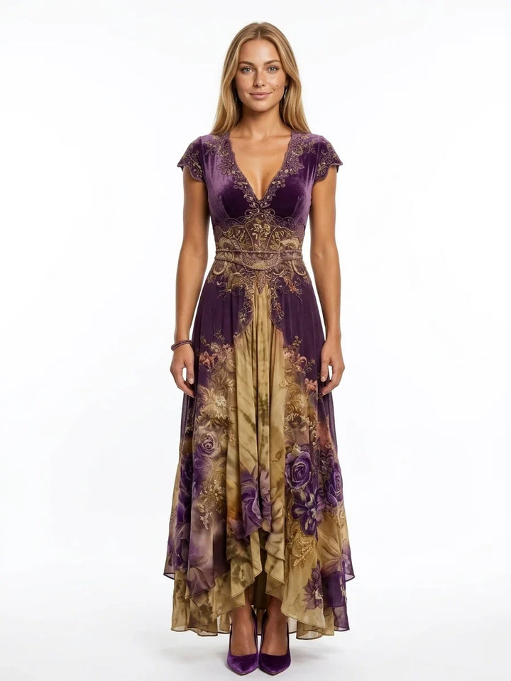 Abito floreale maxi da donna per feste e cerimonie. Design ricamato, scollo a V e maniche corte. Stile elegante e fluido.