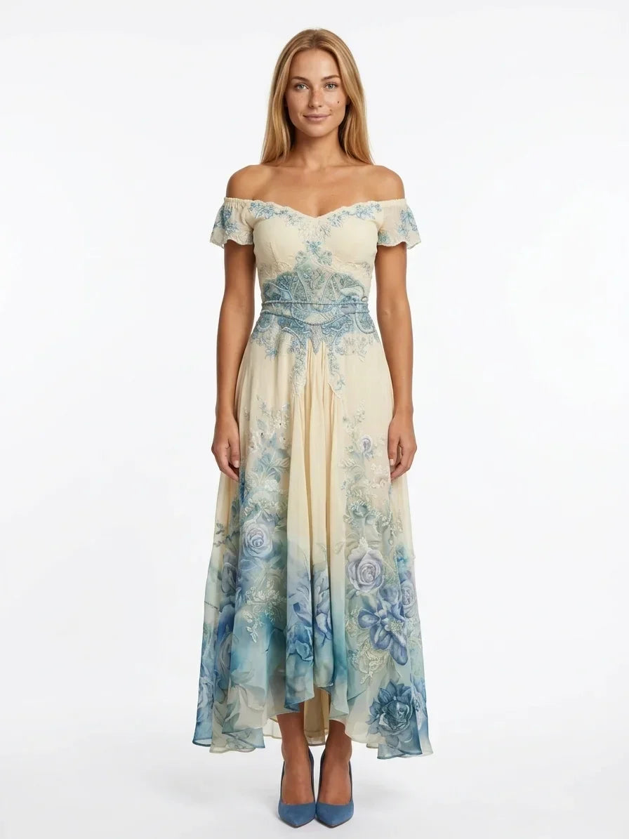 Vestito da cerimonia estivo floreale per invitata matrimonio. Maxi dress donna con scollo a V ricamato, stile raffinato.