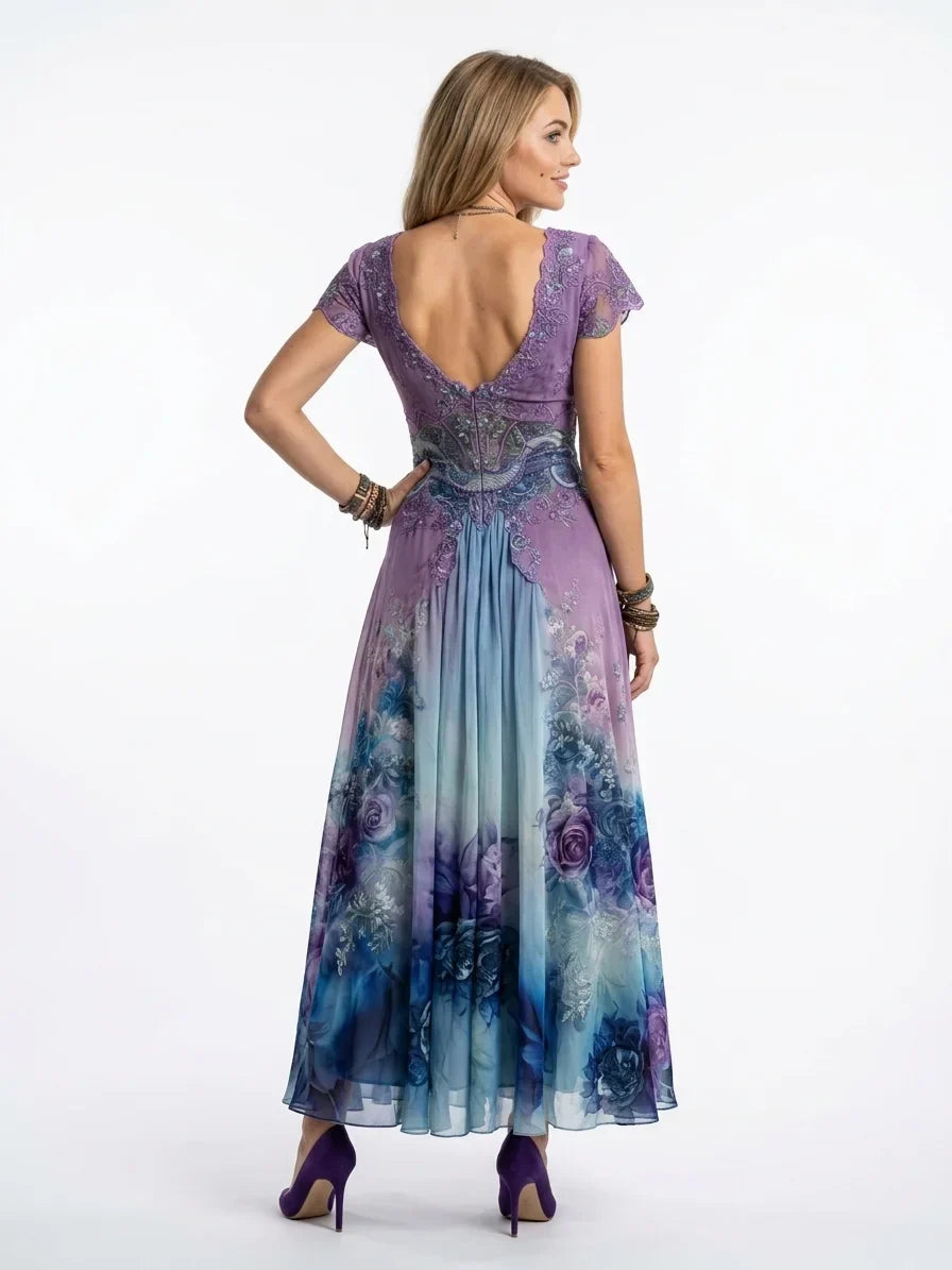 Vestito da invitata matrimonio floreale e ricamato, scollo a V. Abito estivo fluido con maniche corte per cerimonie.