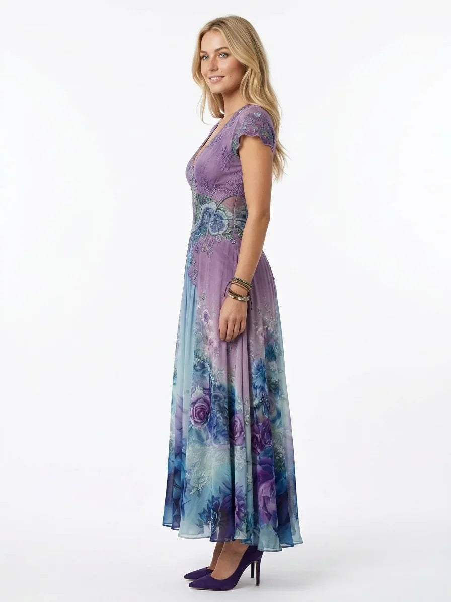 Abito da donna floreale con scollo a V ricamato. Maxi dress elegante per cerimonie e feste, look raffinato e chic.