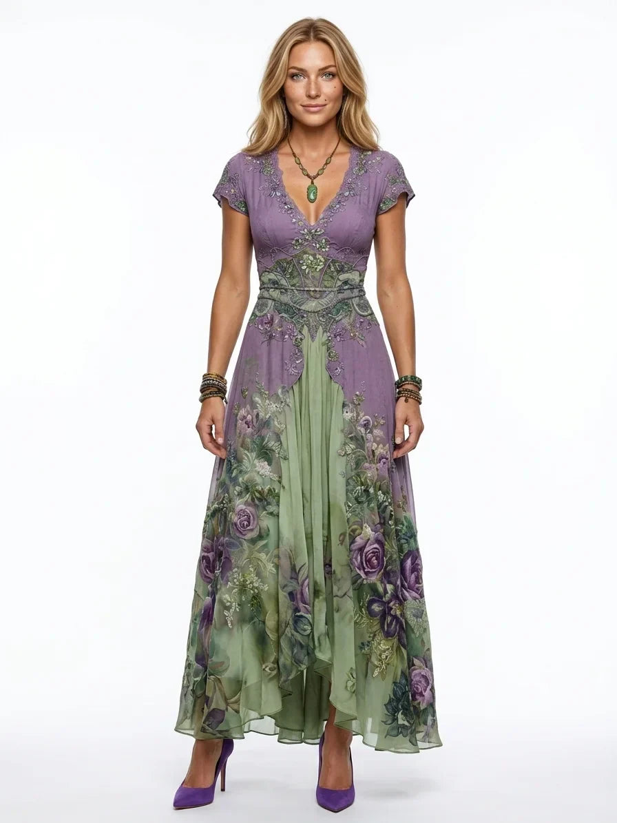Vestito da donna elegante con scollo a V e ricami delicati. Maxi dress floreale fluido, ottimo per cerimonie estive.