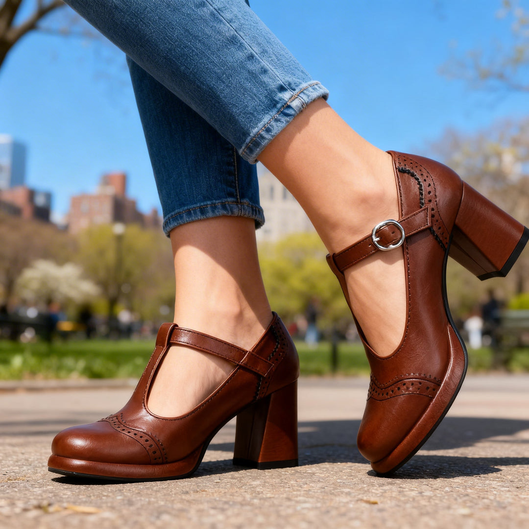Mocassini donna brogue classici con tacco, perfetti per ufficio ed eventi, uniscono eleganza e comfort.
