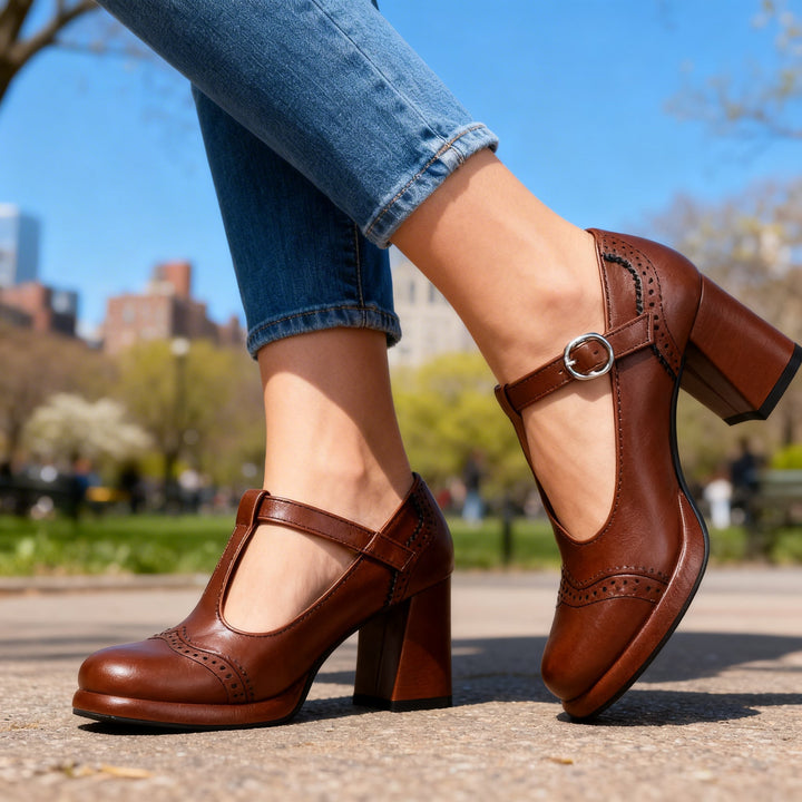 Mocassini donna brogue classici con tacco, perfetti per ufficio ed eventi, uniscono eleganza e comfort.