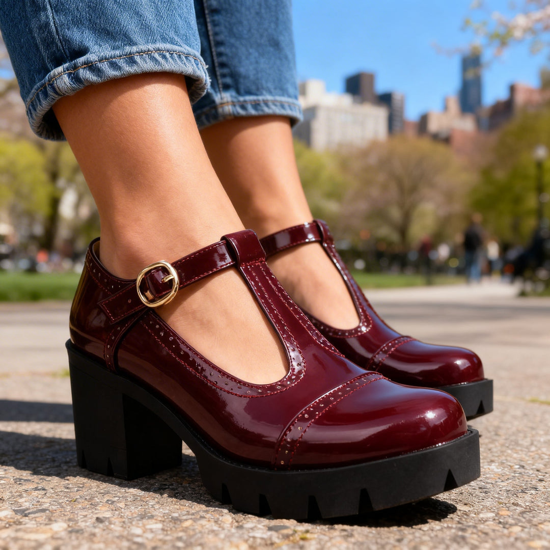 Mocassini donna neri stile vintage, dettagli brogue e tacco a blocco per comfort e moda femminile classica.
