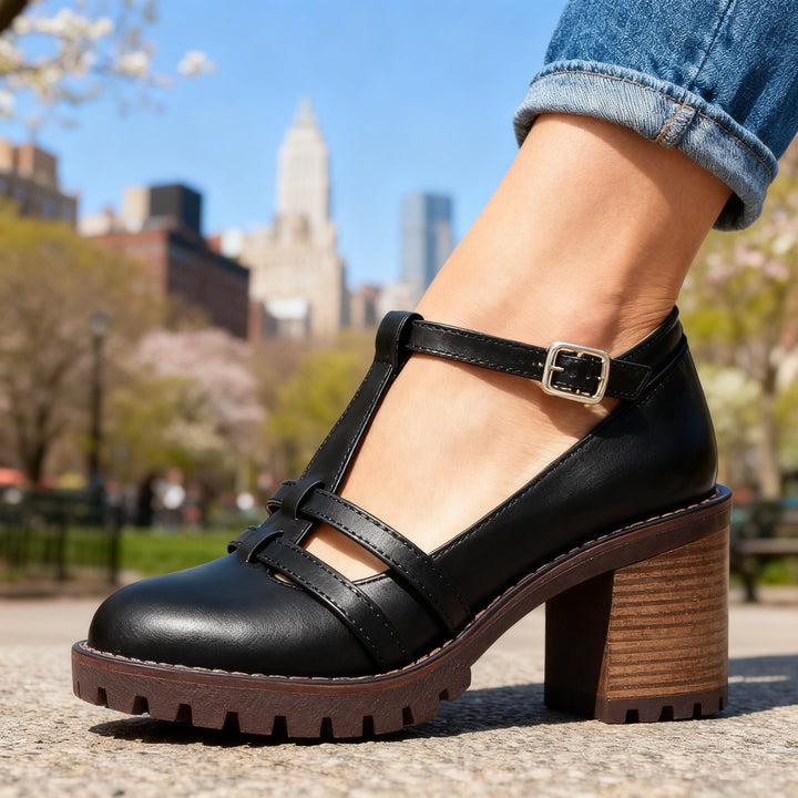 Classici mocassini donna T-strap grigi, scarpe eleganti e comode con piattaforma per un tocco retro.