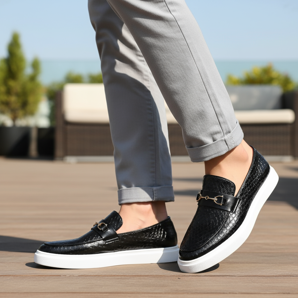 Mocassini da uomo neri con fibbia argento e texture serpente. Scarpa elegante, perfetta per look casual.