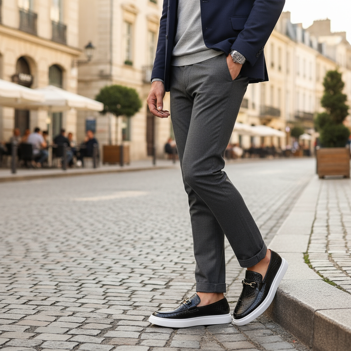 Mocassini uomo casual-elegante con fibbia metallica, stampa effetto serpente. Scarpe comfort leggere.
