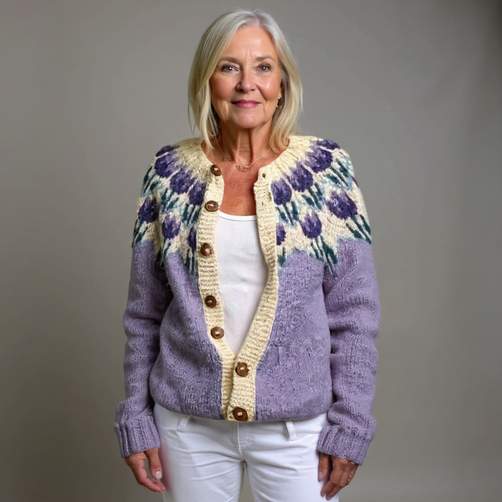 Cardigan donna vintage islandese, caldo e confortevole, perfetto per stile nordico autunnale.