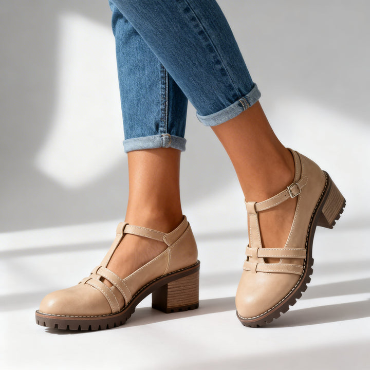 Mocassini donna T-strap beige, scarpe comode e versatili per l'autunno, stile classico e retro.