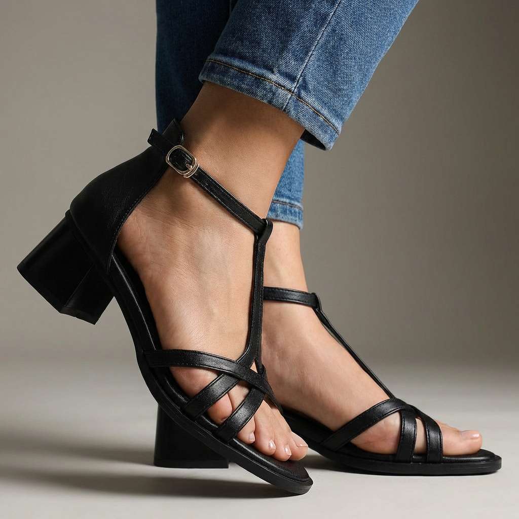 Sandali donna comodi e alla moda con cinturino a T e tacco largo. Stile versatile per l'estate, perfetti per ogni occasione.