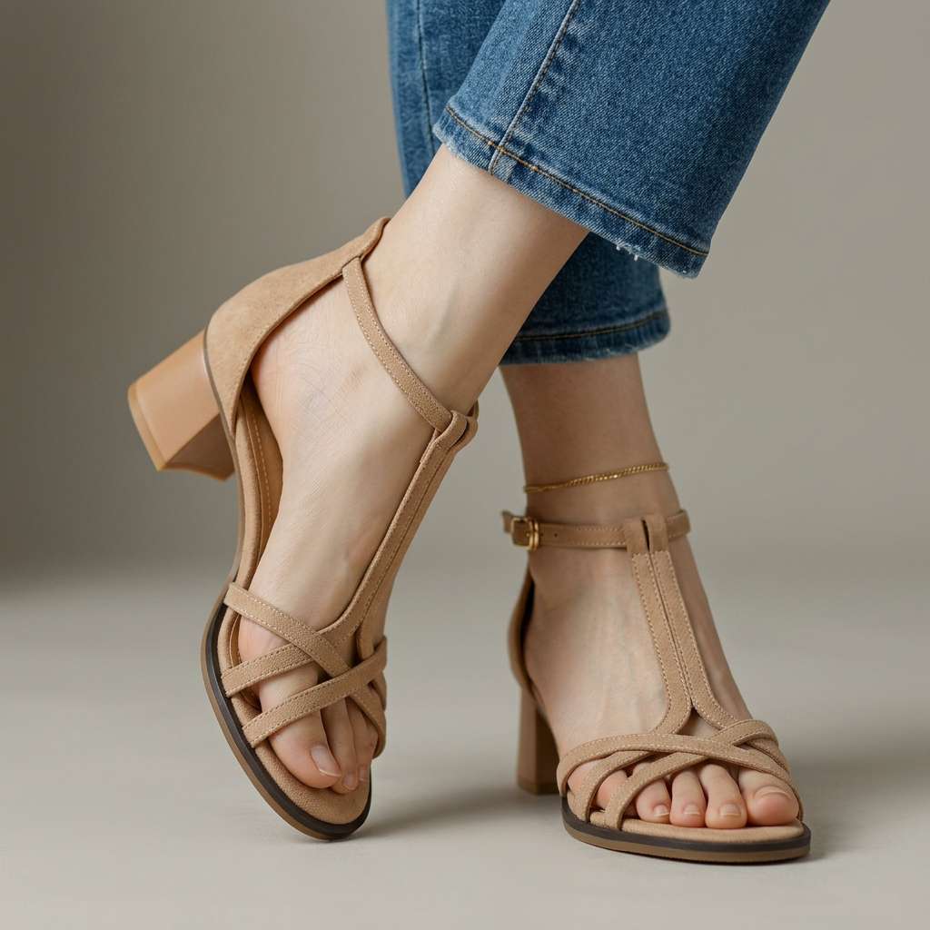 Sandali donna casual-eleganti, perfetti per l'estate. Modello con cinturino a T e tacco largo, ideali per comfort e stile.