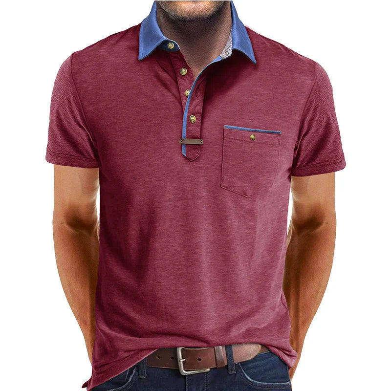 Polo femminile smart casual con colletto a contrasto e bottoni dorati, perfetta per ogni occasione.