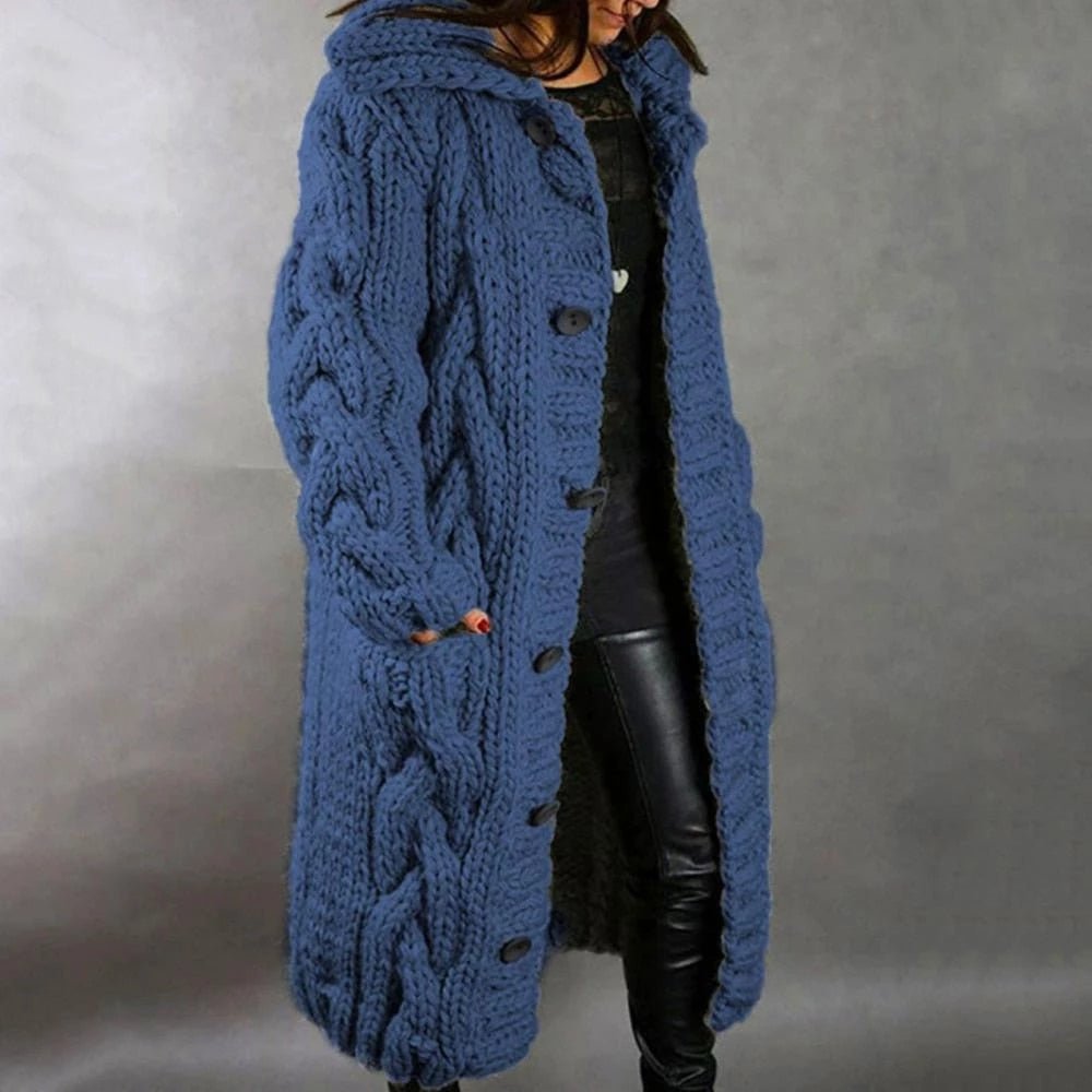 Cardigan lungo donna con cappuccio, bottoni e tasche. Ideale per look casual ed eleganti, colore blu scuro.