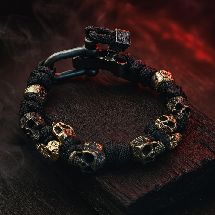 Bracciale uomo teschio placcato oro, in rame. Gioiello gotico regolabile per moda uomo.