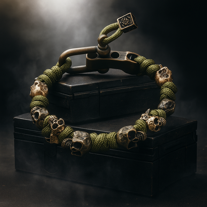 Elegante bracciale uomo regolabile con teschio, in rame placcato oro. Accessorio gotico per gioielli uomo.