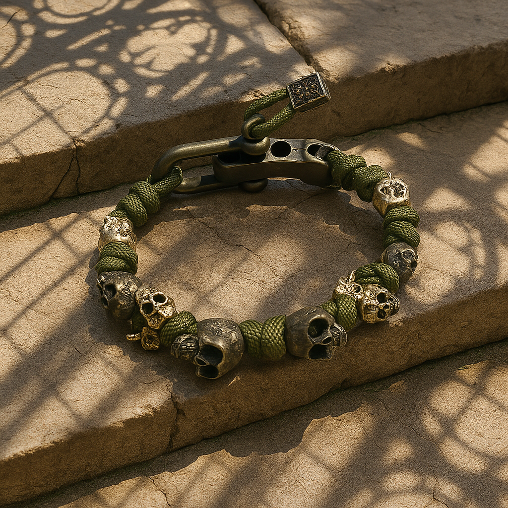 Bracciale uomo teschio gotico in rame placcato oro. Gioiello regolabile per moda e stile.