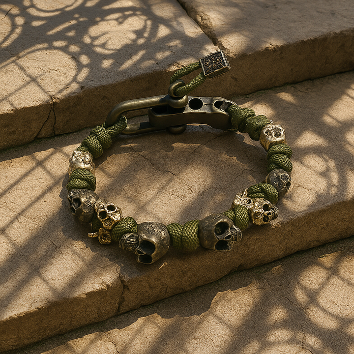 Bracciale uomo teschio gotico in rame placcato oro. Gioiello regolabile per moda e stile.