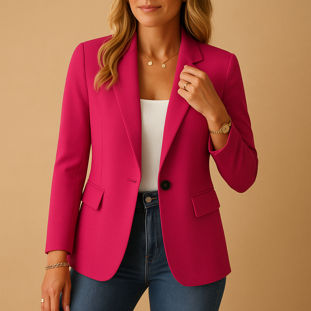 Dettaglio del tessuto pregiato del blazer donna slim fit. Giacca elegante per un abbigliamento femminile raffinato.