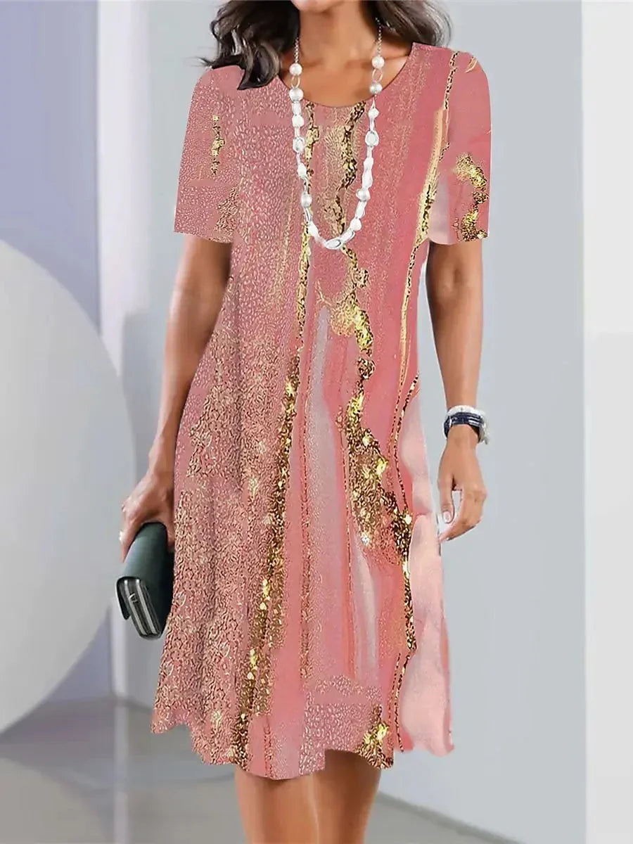 Abito midi donna comfort quotidiano, stampa astratta e taglio ad A. Perfetto per un look casual-chic.
