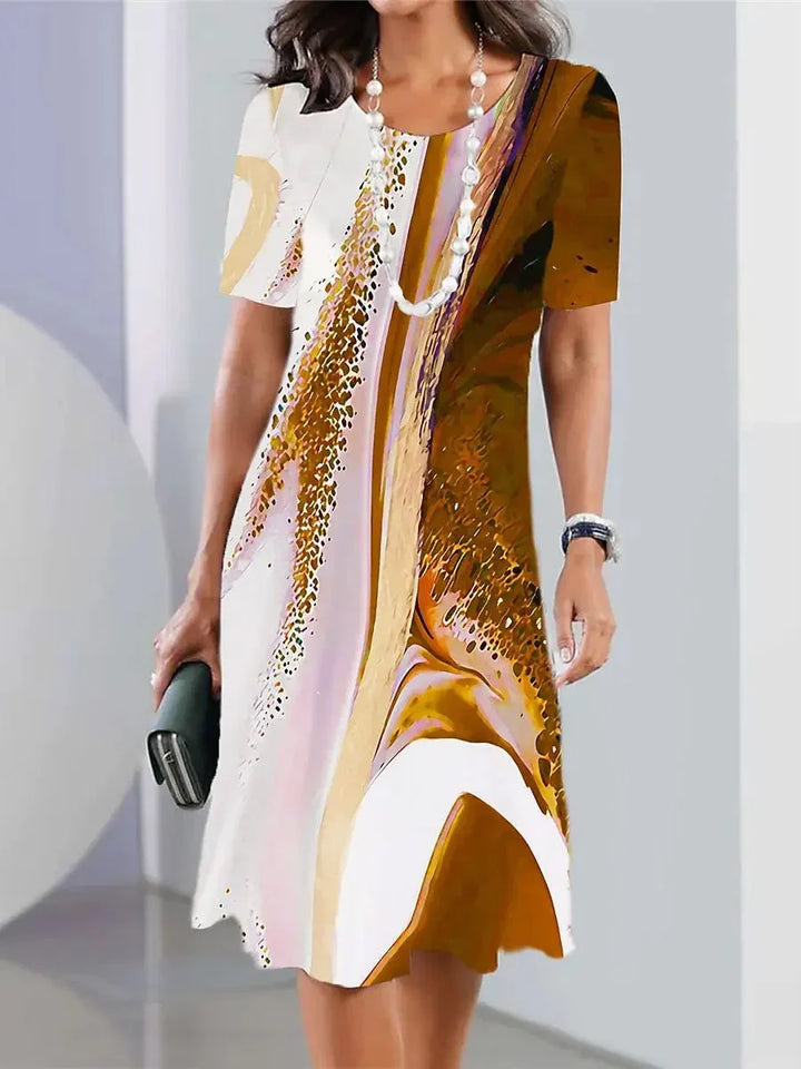 Abito midi donna stampa astratta, girocollo, taglio ad A. Ideale per un abbigliamento autunnale di tendenza.