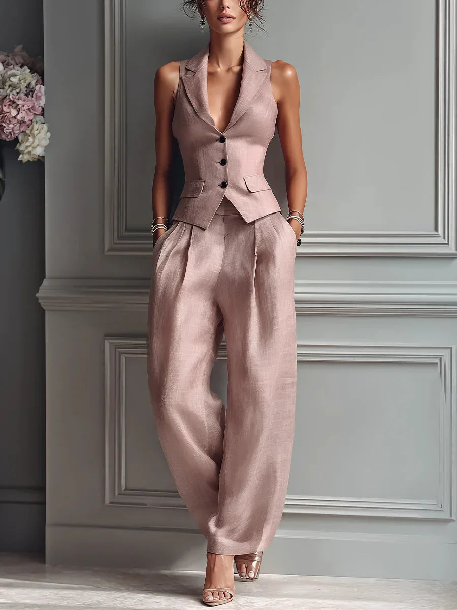 Tailleur donna elegante con gilet senza maniche e pantaloni palazzo a vita alta. Perfetto per outfit formali.