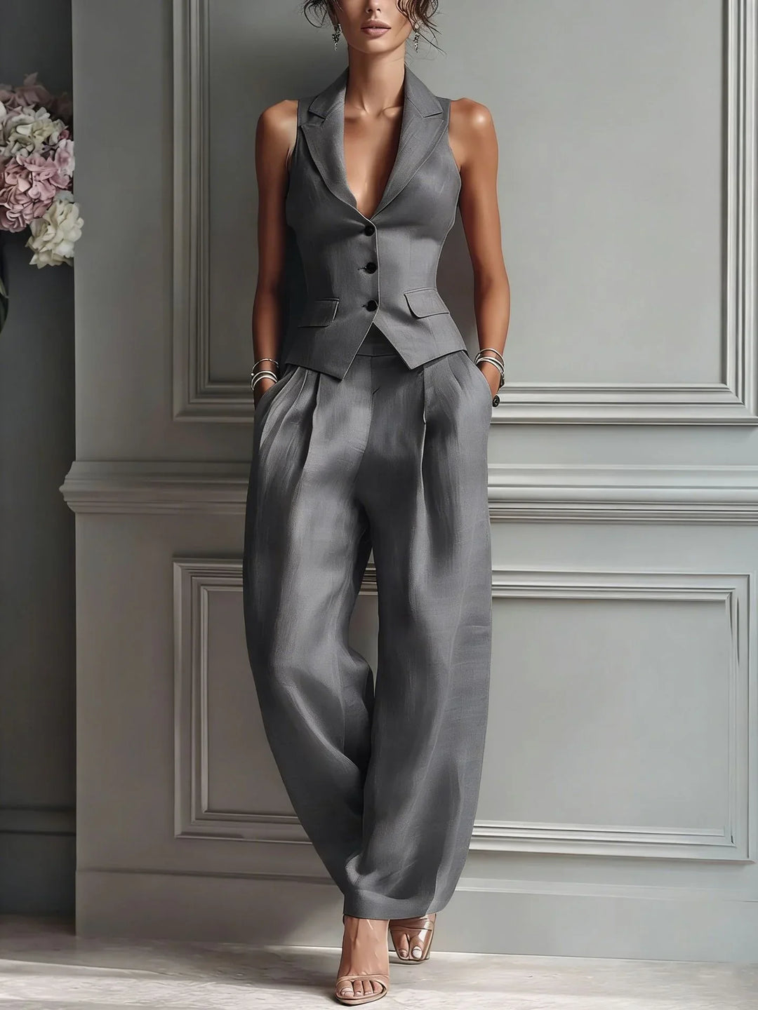 Tailleur da donna moderno con gilet e pantaloni palazzo a gamba larga, vita alta. Ideale per abbigliamento formale.