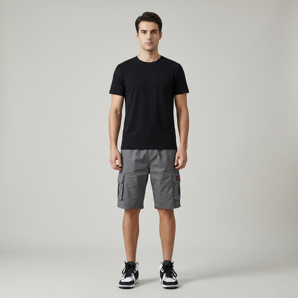 Pantaloncini cargo uomo multitasche, vestibilità rilassata. Ideali per comfort casual estivo e viaggio.