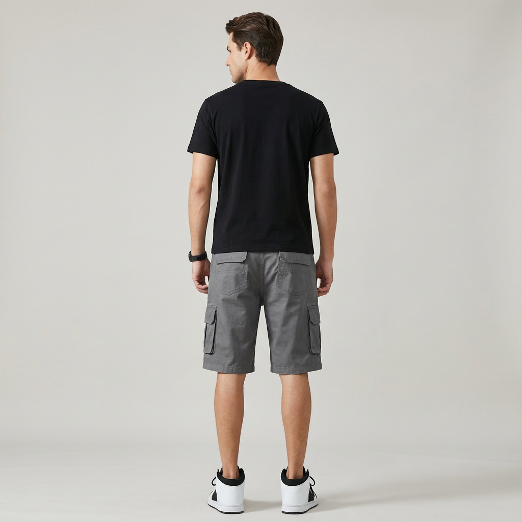 Dettaglio: pantaloncini cargo uomo con pratiche multitasche laterali. Perfetti per escursioni e avventura.