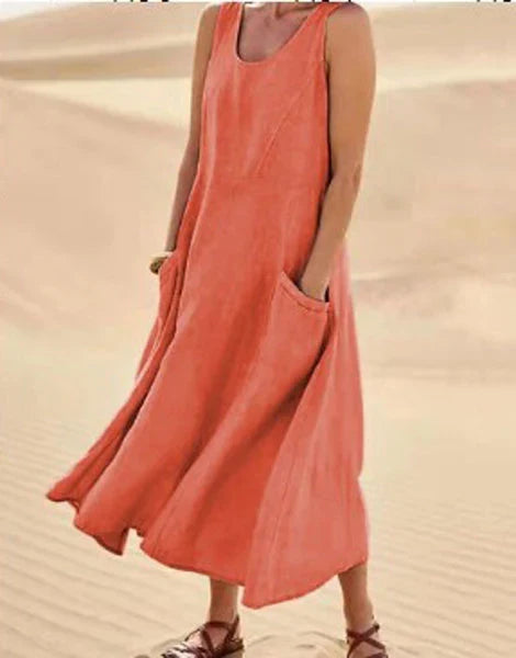 Moda donna: vestito lungo con tasche e scollo rotondo, perfetto mix casual-chic.