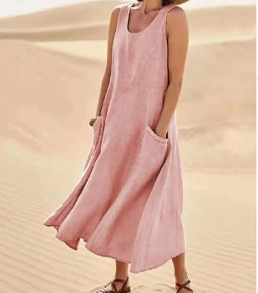 Vestito midi donna, scollo rotondo, tasche, versatile per ogni occasione dalla primavera all'estate.