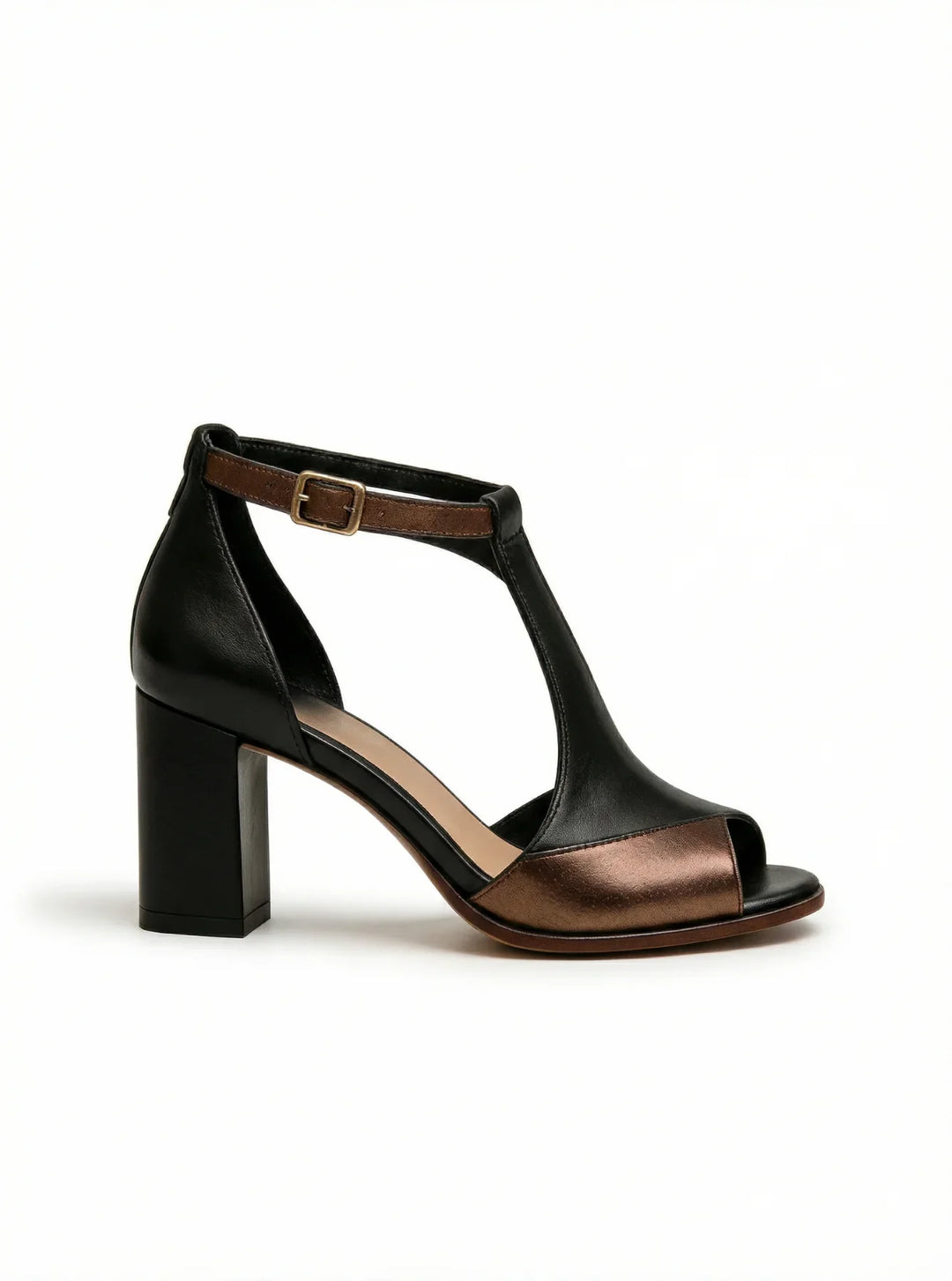 Sandali donna eleganti neri con tacco grosso e cinturino a T alla caviglia, perfetti per serate e occasioni speciali.