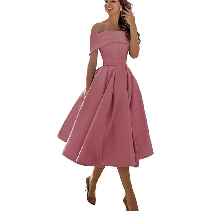 Abito midi donna elegante off-shoulder per cerimonie e matrimoni.