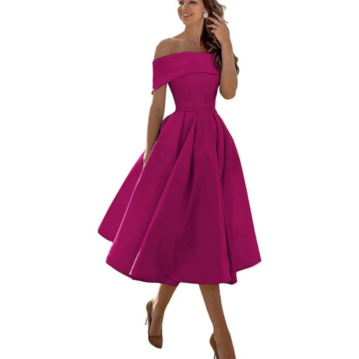 Elegante vestito midi donna off-shoulder, perfetto per damigelle o invitati a nozze.