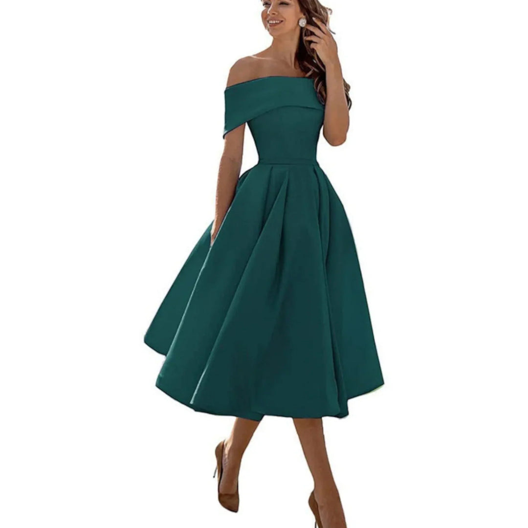 Vestito da cerimonia midi con spalle scoperte, perfetto per eventi speciali.