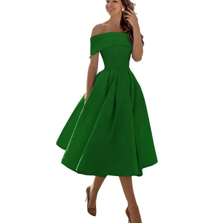 Abito midi donna chic off-shoulder, ideale per matrimoni e feste eleganti.