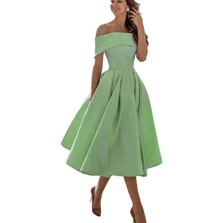 Elegante abito midi donna per eventi, stile off-shoulder, adatto a cerimonie.