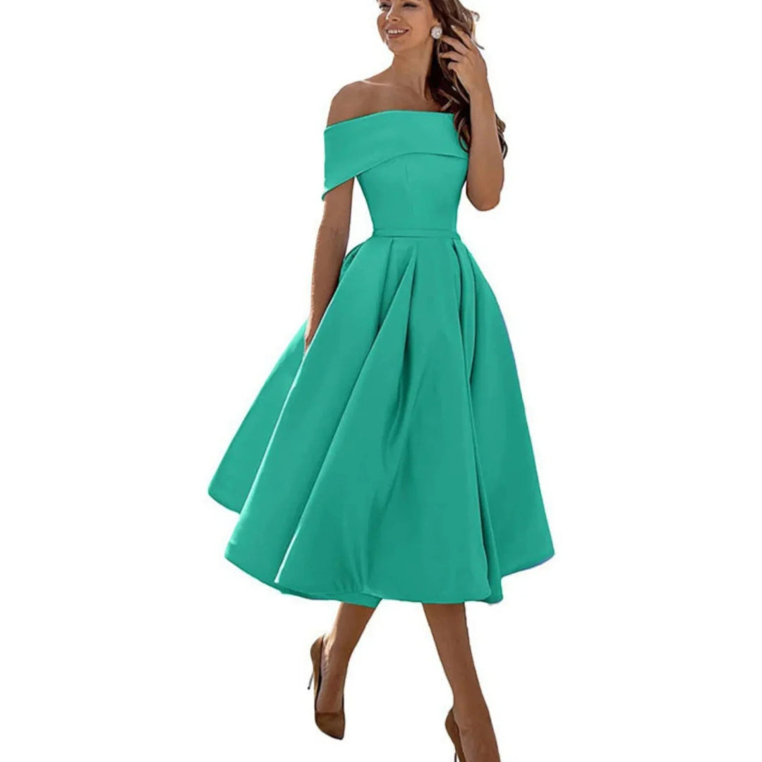 Vestito midi da donna off-shoulder per cerimonie di primavera e autunno.