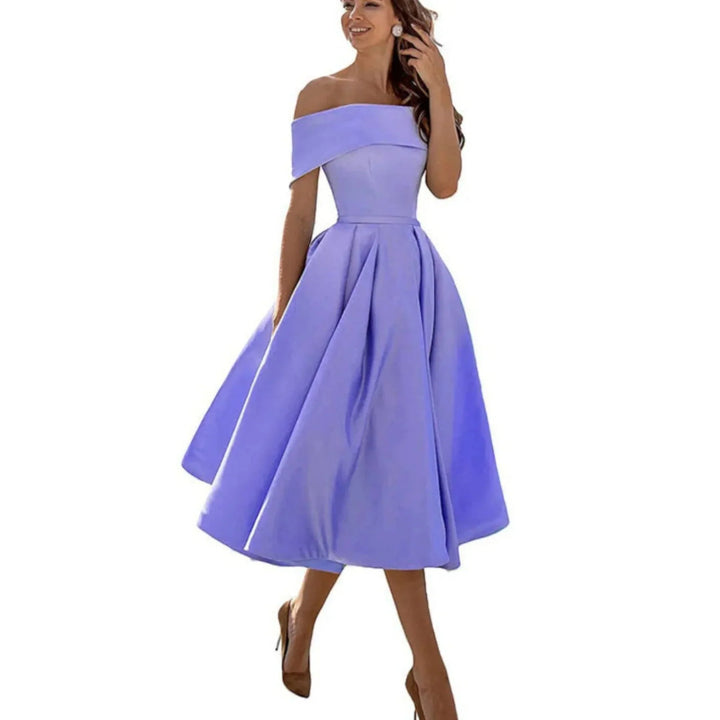Abito donna midi elegante, stile spalle scoperte, per serate e occasioni speciali.
