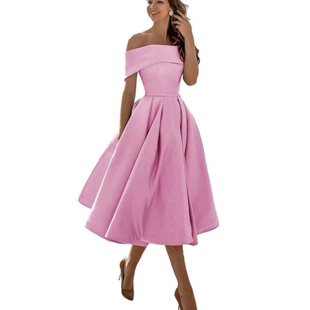 Abito donna midi cerimonia, con design off-shoulder, per un'eleganza senza tempo.