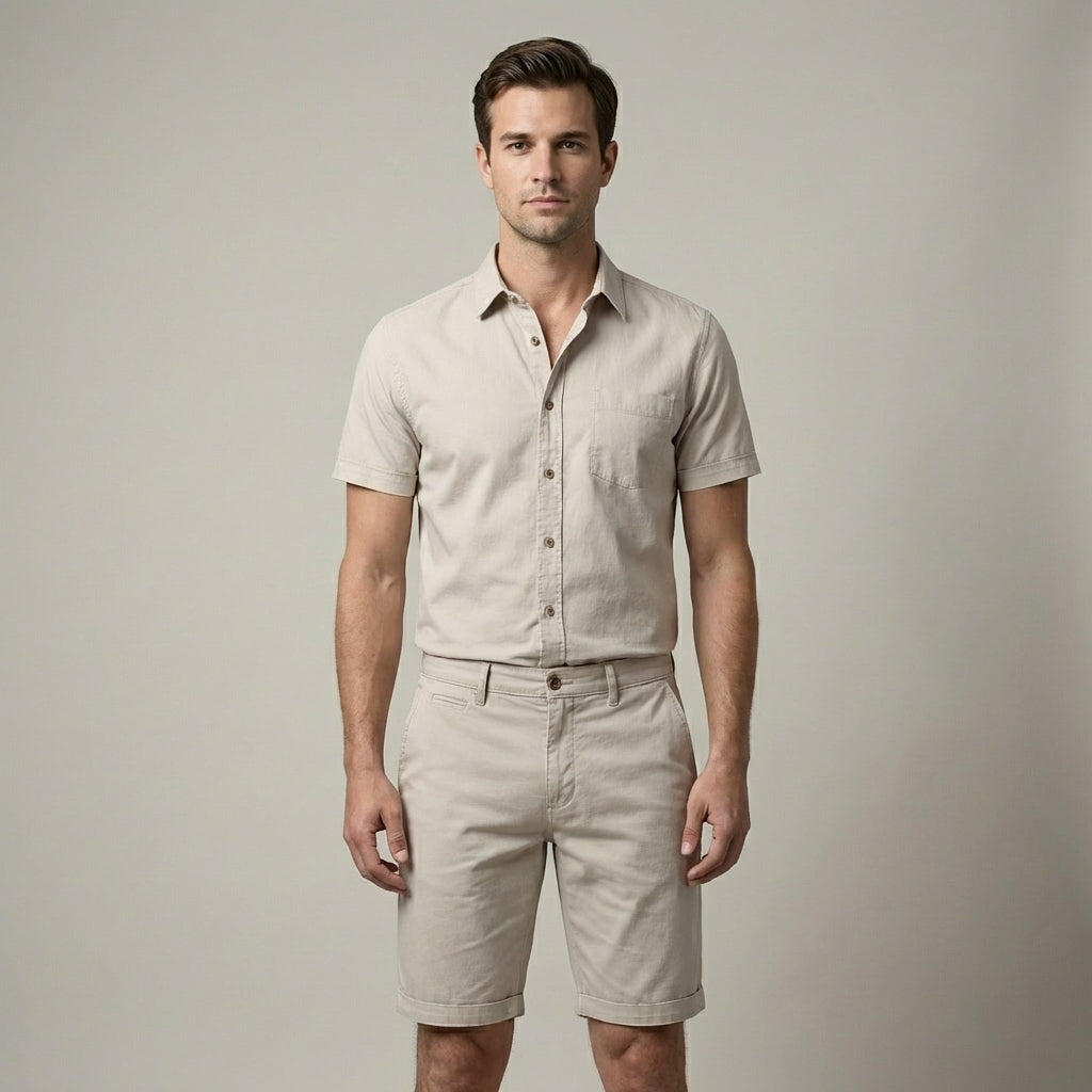 Pantaloncini uomo comodi, tasche laterali, chiusura a bottone. Ideali per casual e tempo libero estivo.