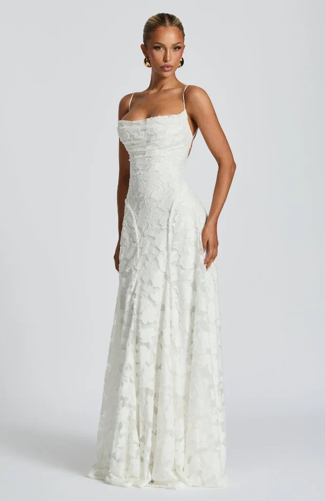 Vestito lungo donna elegante scollo a cuore, ideale come abito da cerimonia o invitata matrimonio.