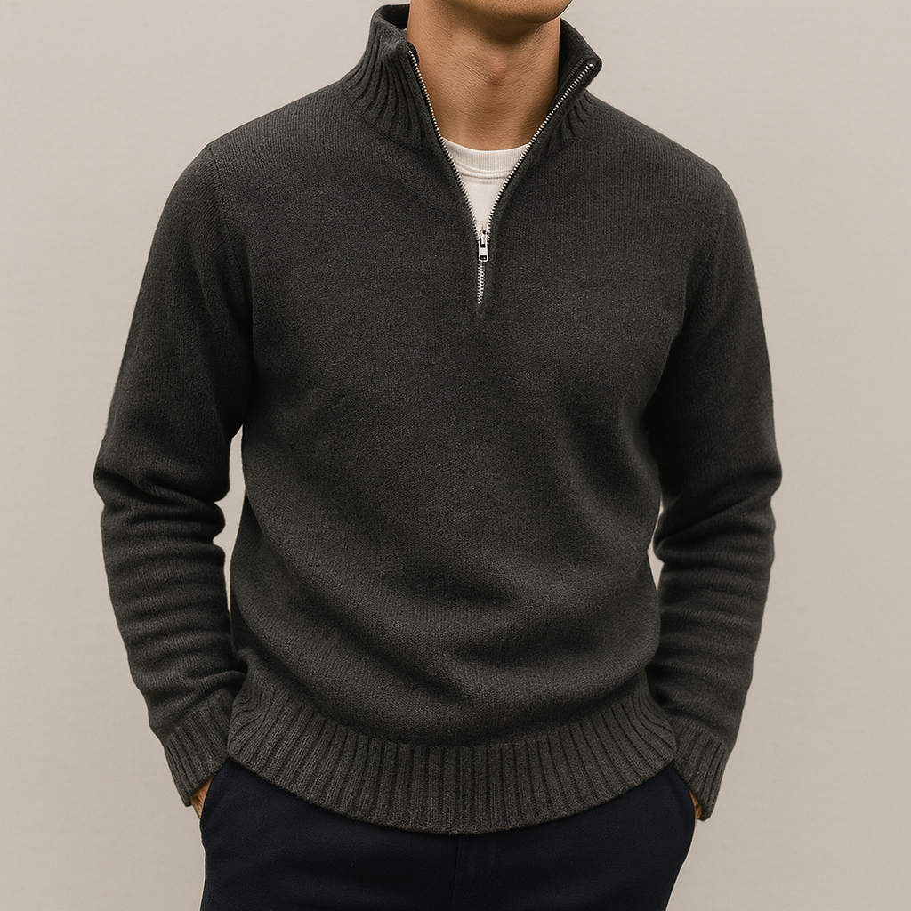 Maglione uomo casual a mezza zip in maglia, vestibilità comoda ideale per autunno/inverno.