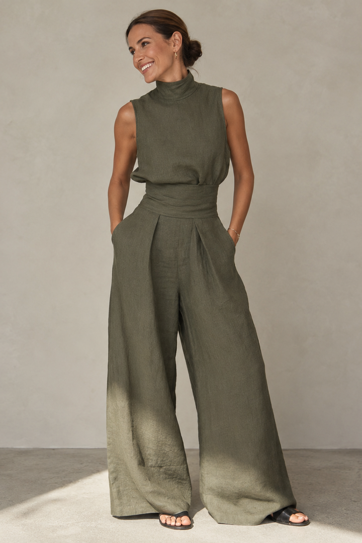 Tuta donna ampia e fluida, ideale per un look casual e femminile estivo. Comfort e stile per ogni occasione.