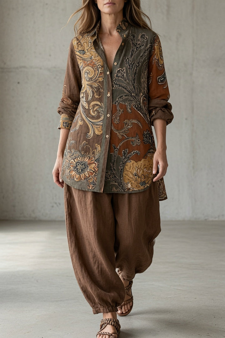 Completo donna vintage, set coordinato con camicia stampata. Pantaloni fluidi per un look bohémien e di tendenza.